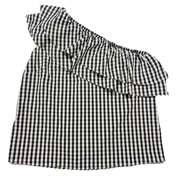 Halogen Tops - Halogen Women's One Shoulder Ruffle Accent Gingham Top Size Large Black & White